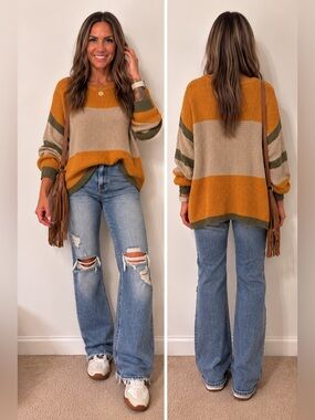NWOT UMGEE Mustard Color Block Textured Knit Sweater NWOT